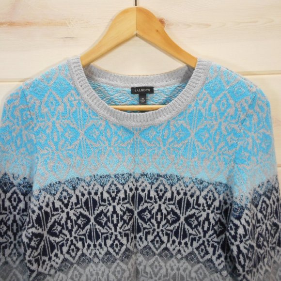 Talbots Women's M Fair Isle Pullover Lambswool Blend Sweater Blue Gray Navy - Picture 2 of 6
